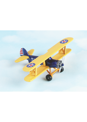 Yellow and blue die-cast model airplane, Stearman PT-17 "High Flyer." for HotWings 11110