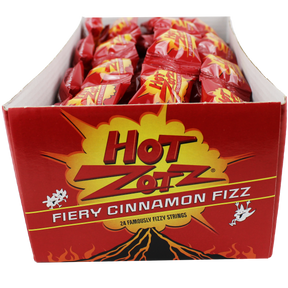 Box of red, fizzy cinnamon flavored candy strings for Mountain Sweets 00591