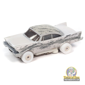 Silver 1958 Plymouth Fury toy car, "After Fire" model for Auto World SC381