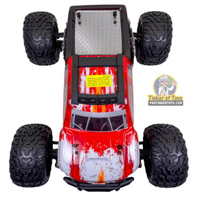Red and black 1/12 scale remote-controlled monster truck viewed from above for IMEX IMX19535