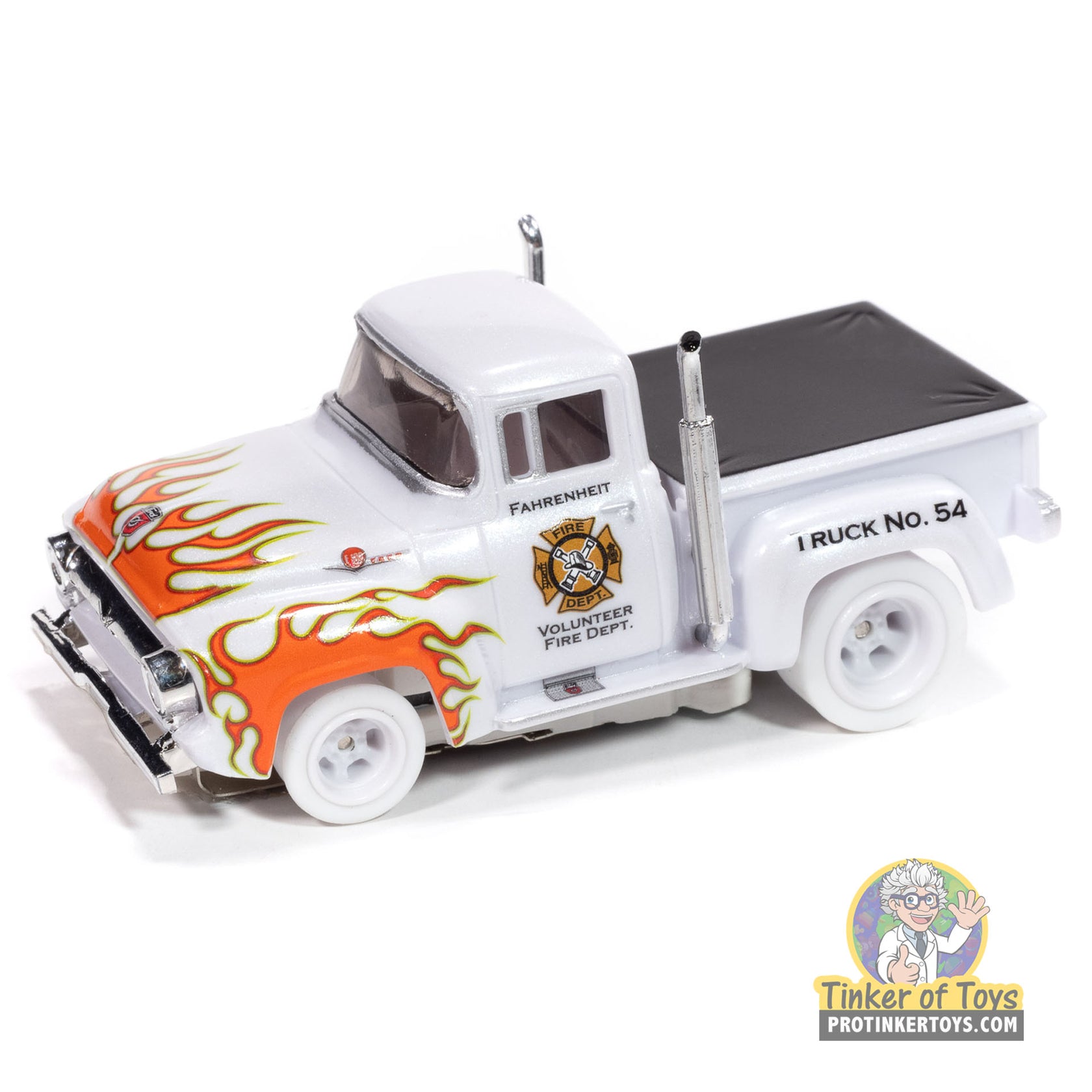 White 1956 Ford F100 toy truck with orange flames, marked "Volunteer Fire Dept." for Auto World SC414