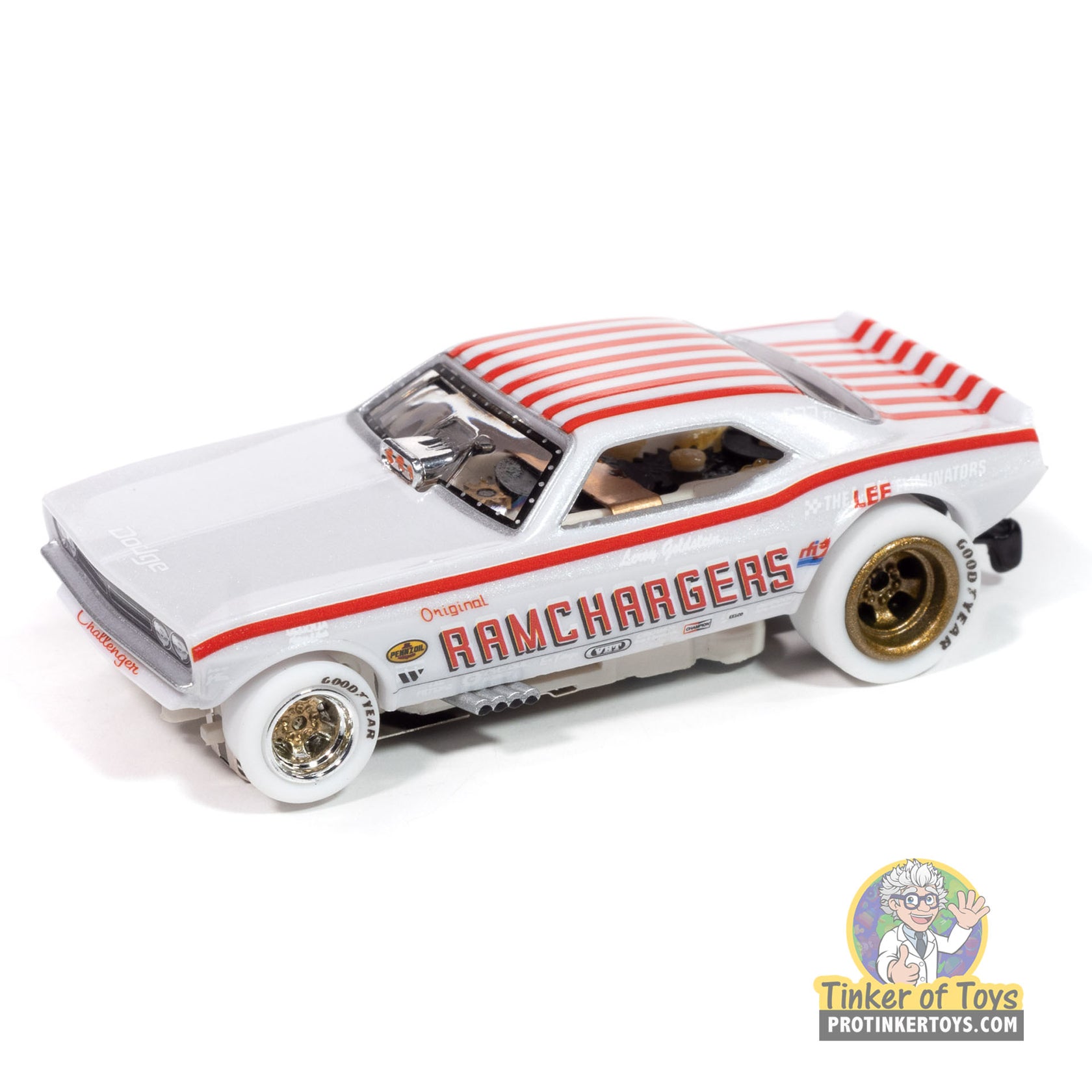 White and red Ramcharger toy car, 1970 Dodge Challenger model for Auto World SC413