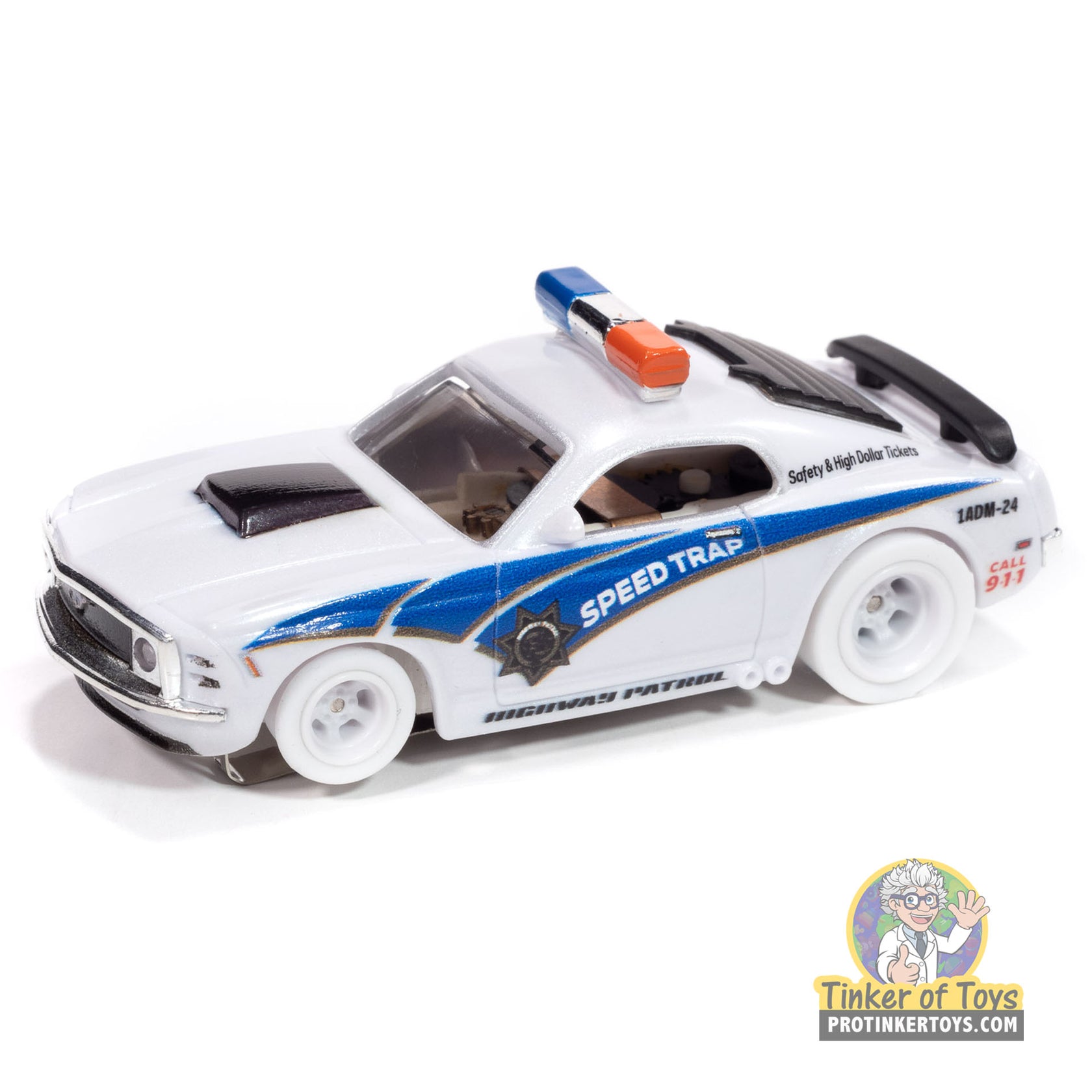 White and blue toy Ford Mustang Highway Patrol car with "SPEED TRAP" lettering for Auto World SC414