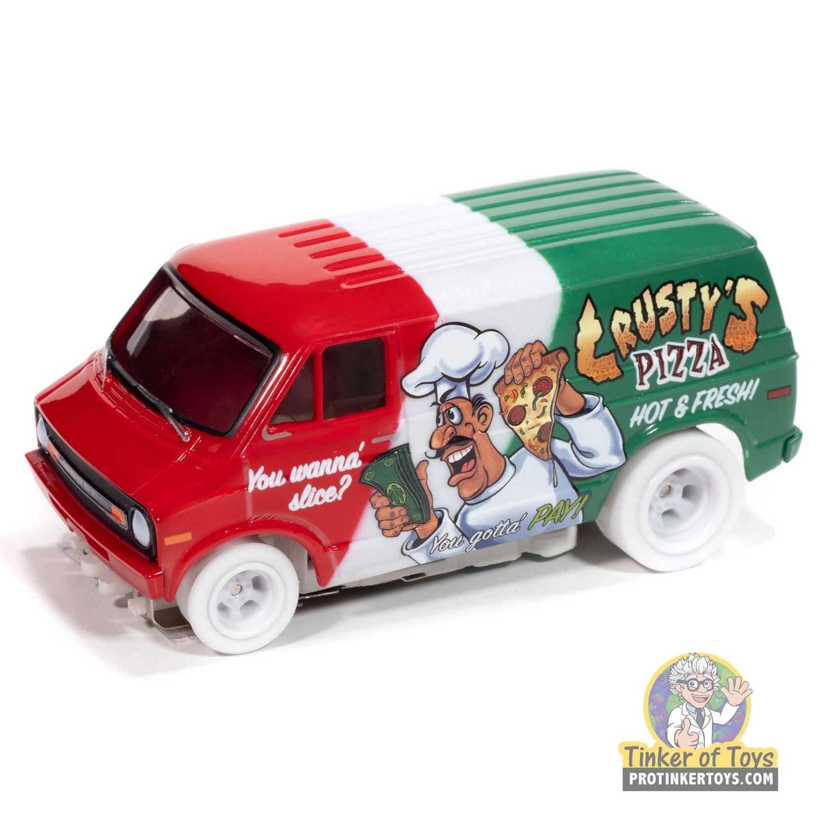 Red and green toy pizza delivery van with cartoon chef art for Auto World SC414