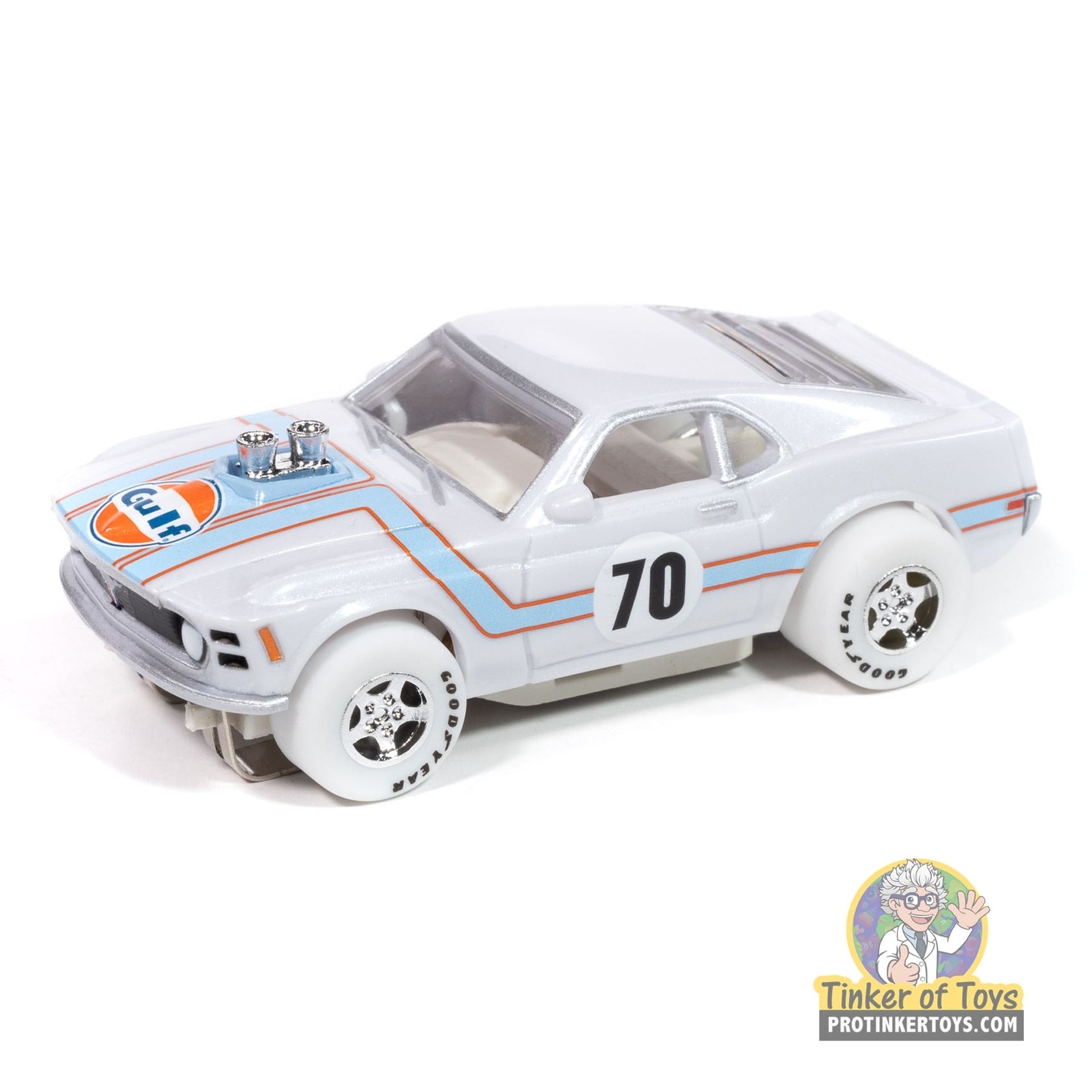 White 1970 Ford Mustang toy car with "Gulf" decals and "70" number for Auto World SC413