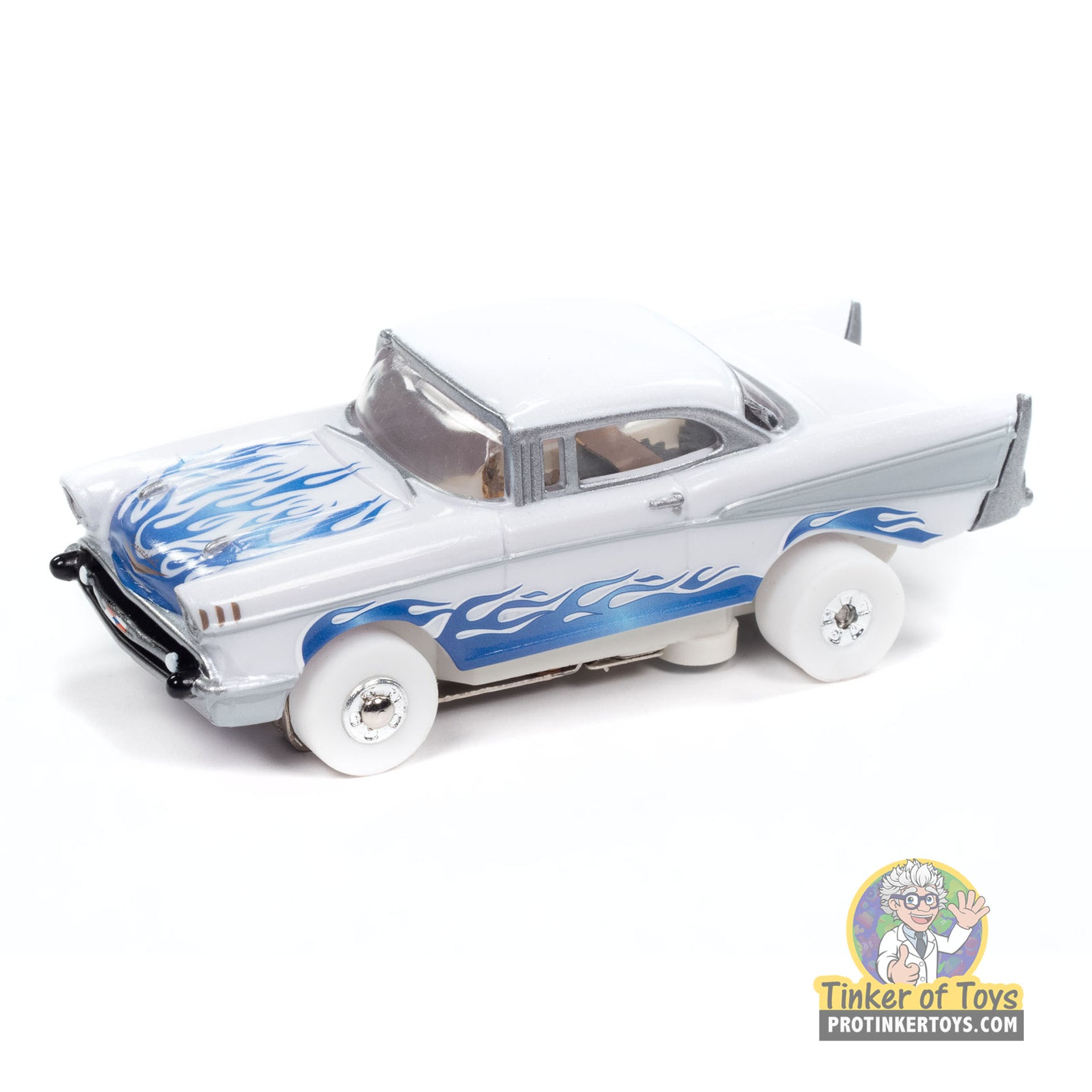 White 1957 Chevy Bel Air lowrider toy car with blue flames for Auto World SC411