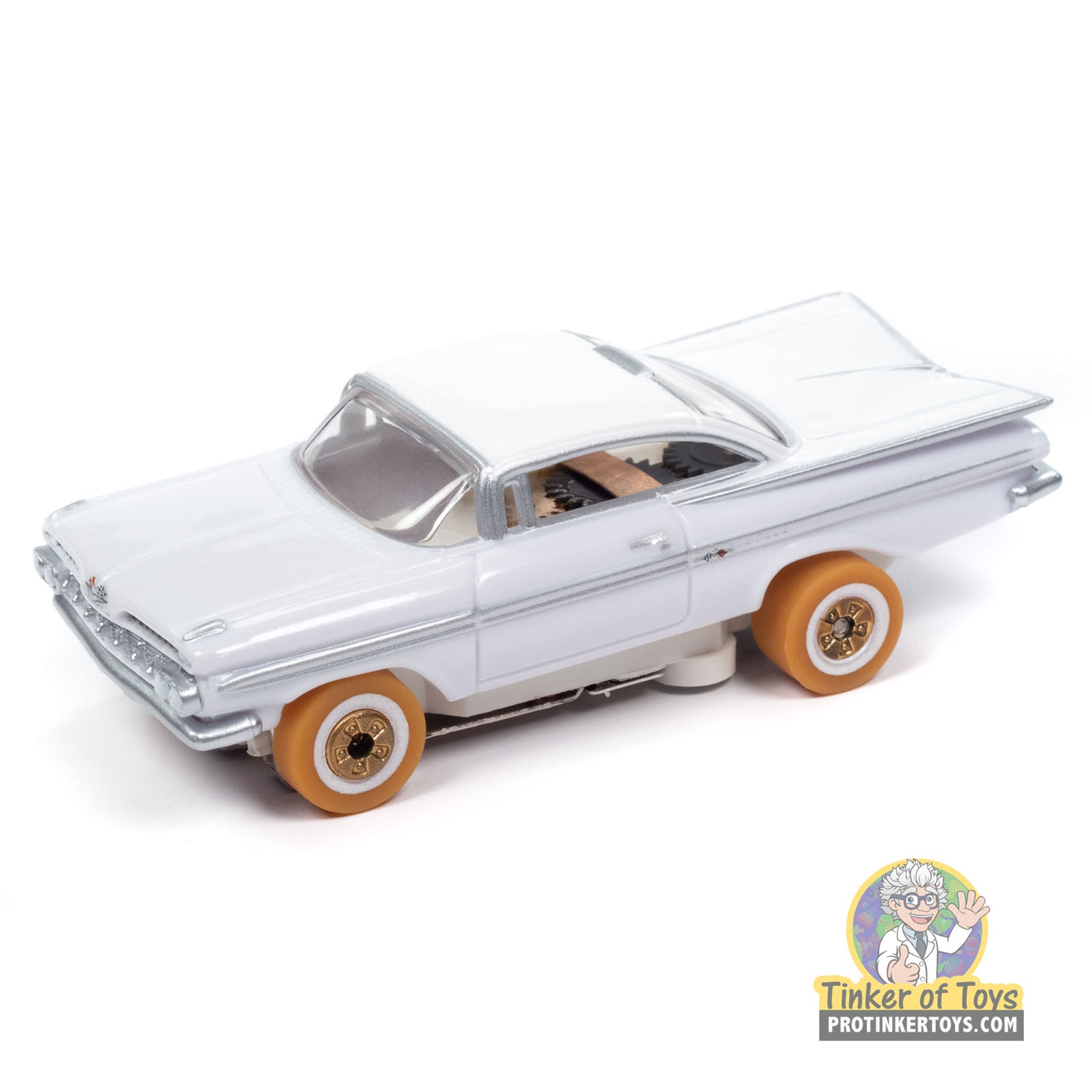 White 1959 Chevy Impala toy car with gold wheels for Auto World SC408