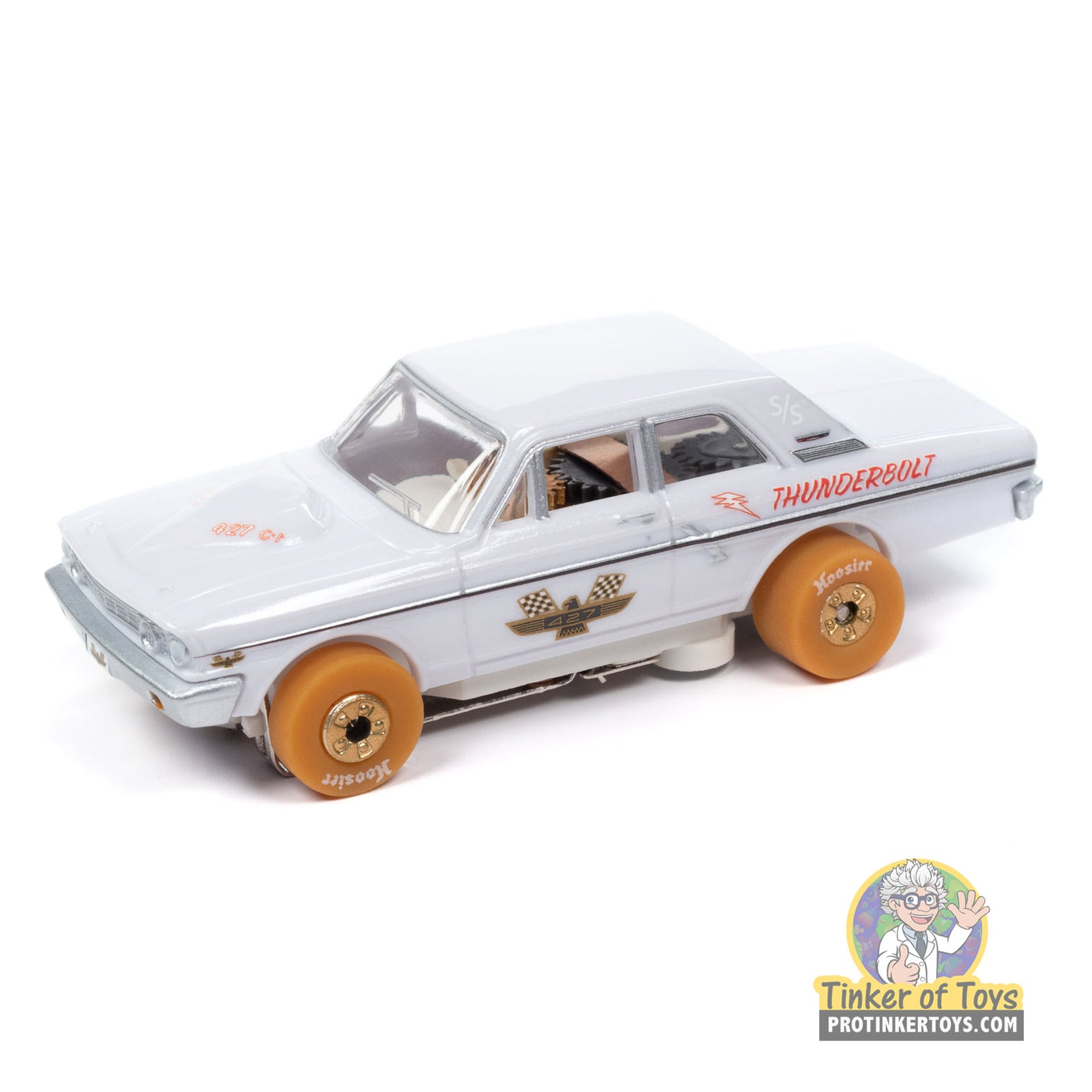 White slot car of a 1964 Ford Thunderbolt race car for Auto World SC408