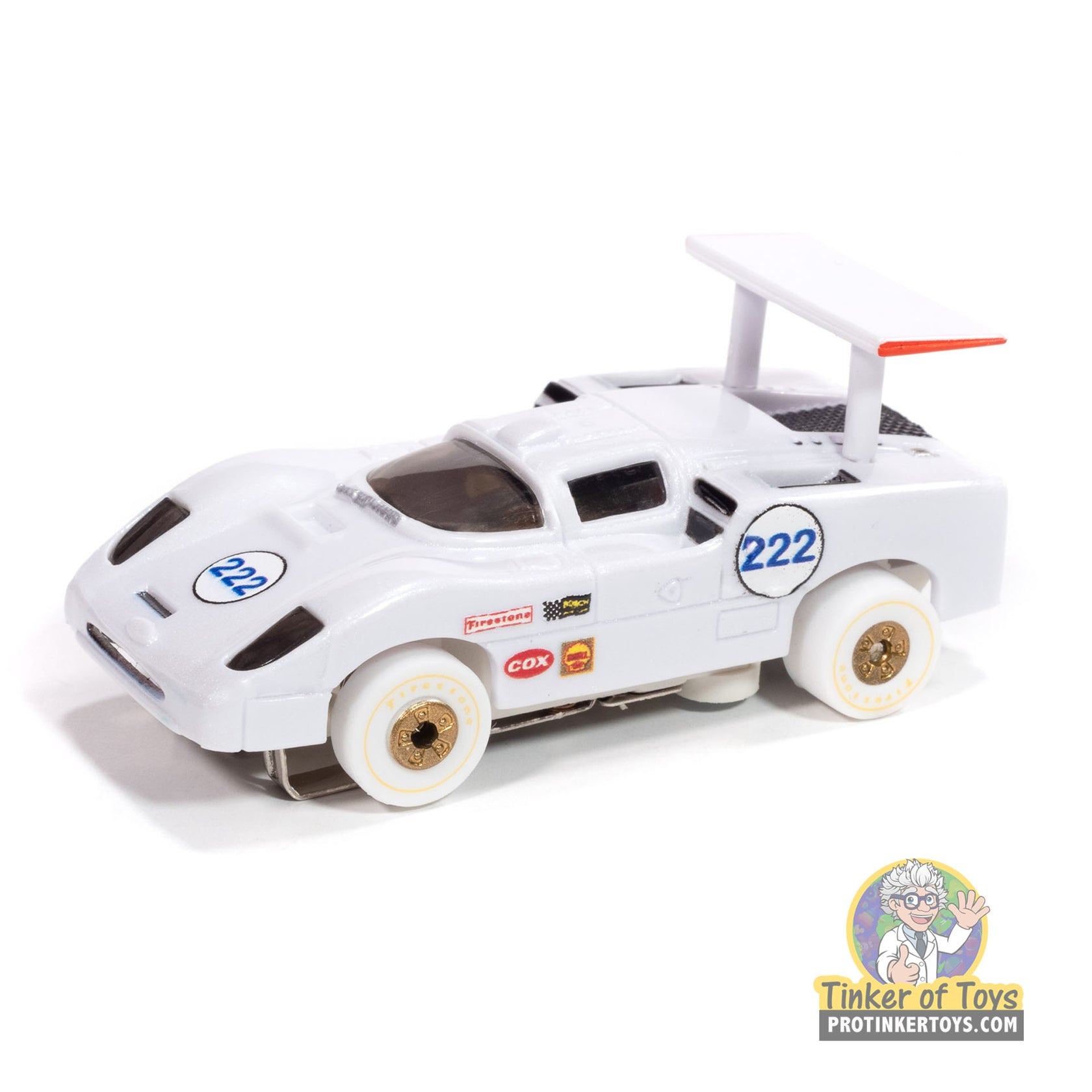 White toy race car with spoiler, representing a 1966 Chaparral for Auto World SC415