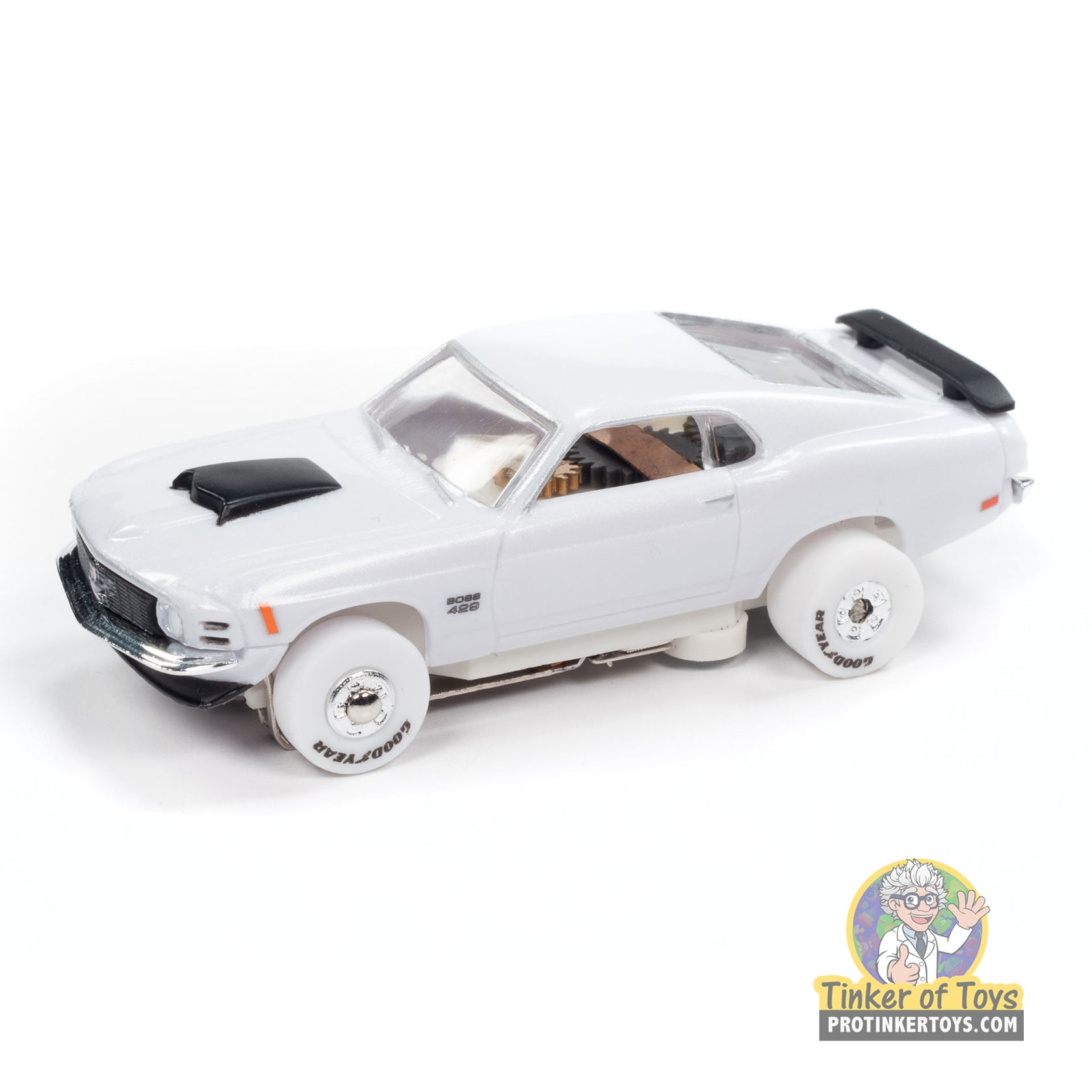 White slot car of a 1970 Ford Mustang Boss 429 for Auto World SC411
