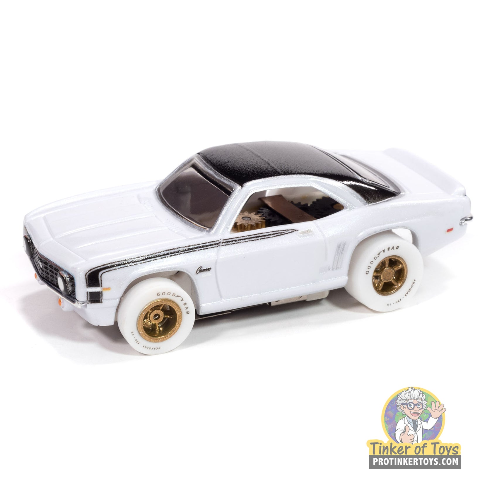 White 1969 Chevy Camaro slot car toy car with black roof for Auto World SC410