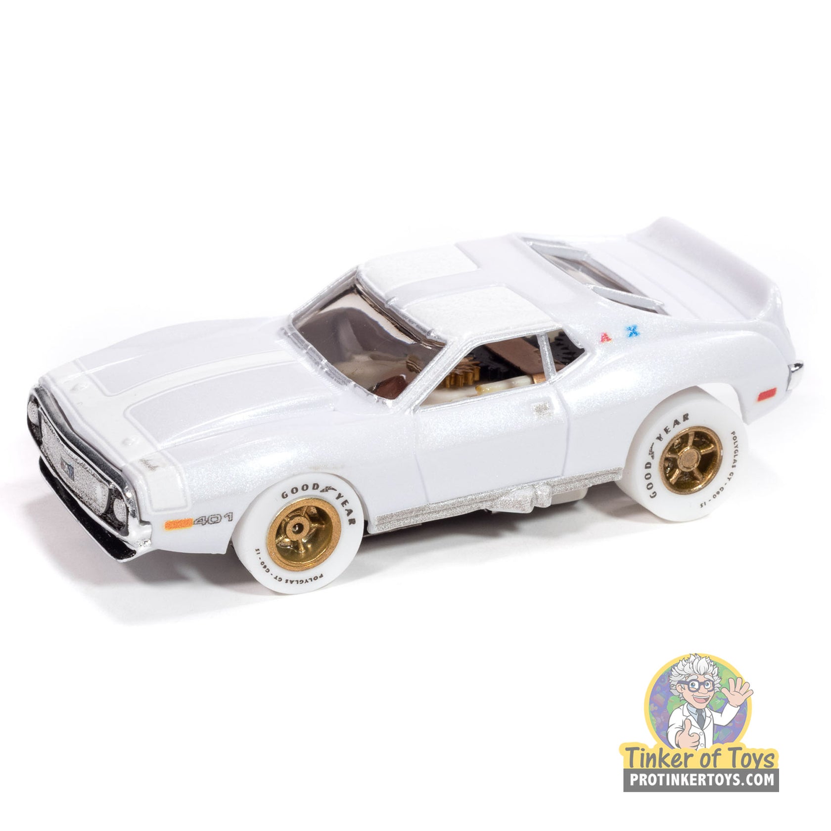 White slot car of a 1971 AMC Javelin car for Auto World SC410