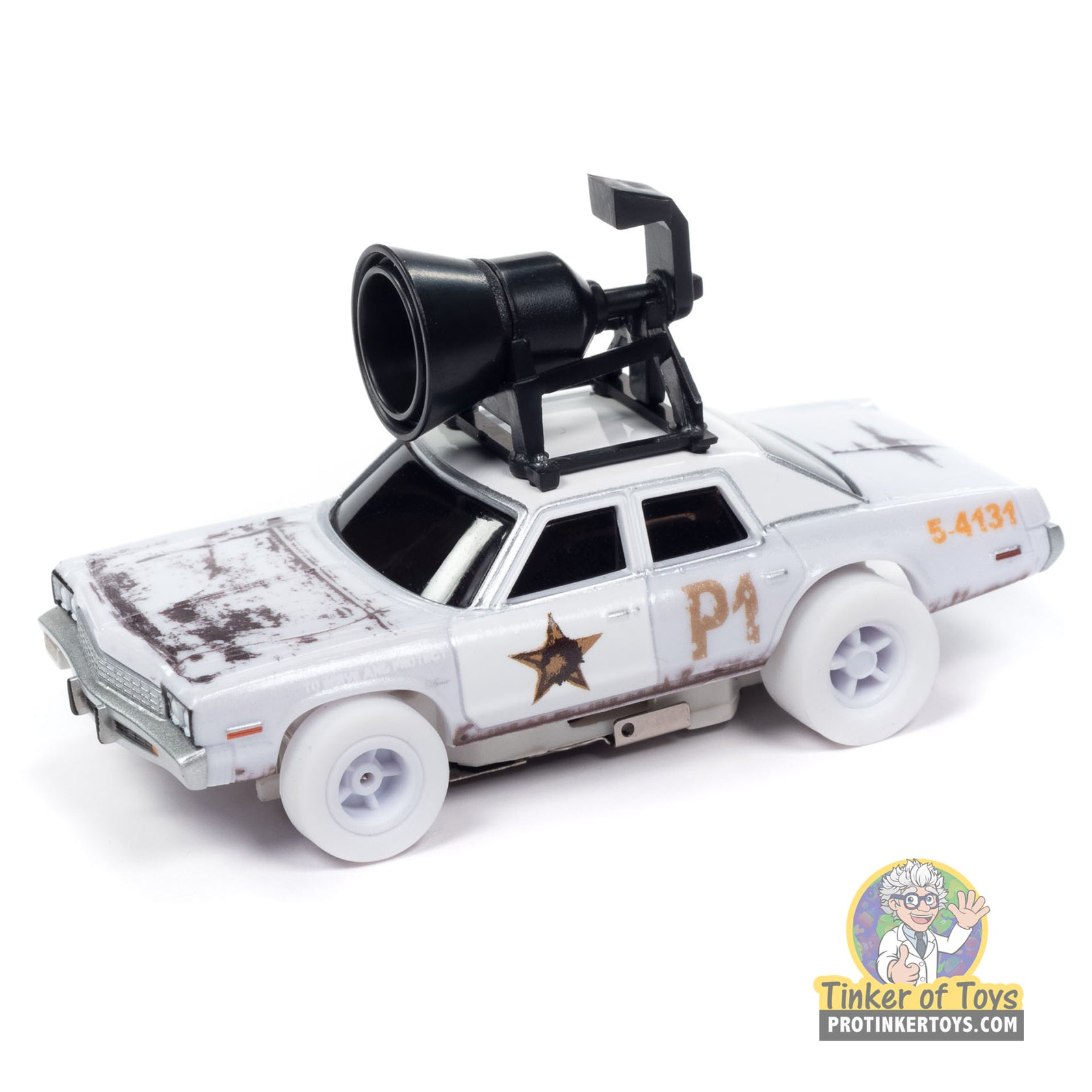 White toy car with mounted speaker, representing the Blues Brothers 1974 Dodge Monaco for Auto World SC409