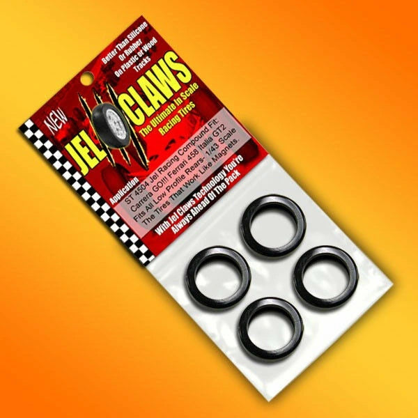 Racing Tires (rears) for Carrera Go!!! Ferrari 458 Italia Jel Claws slot car tire set for ST 4504, front view