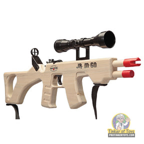 Wooden toy rifle with scope, sling, and yellow ammo bands for Magnum Rubber Band Guns GL2JRM60SS