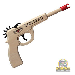 Wooden toy pistol with red ammo, labeled "LAWMAN." for Magnum Rubber Band Guns GL2LWMN