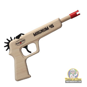 Toy pistol with "MAGNUM 45" marking and red projectile for Magnum Rubber Band Guns GL2M45