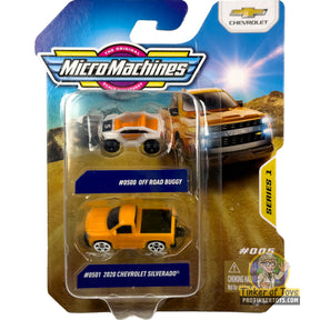 Two die-cast vehicles: orange buggy and yellow 2020 Chevrolet Silverado for MicroMachines MMW0270