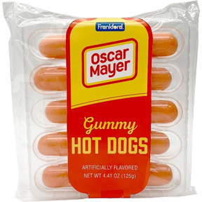 Pack of gummy hot dogs in clear plastic packaging for Mountain Sweets 11307