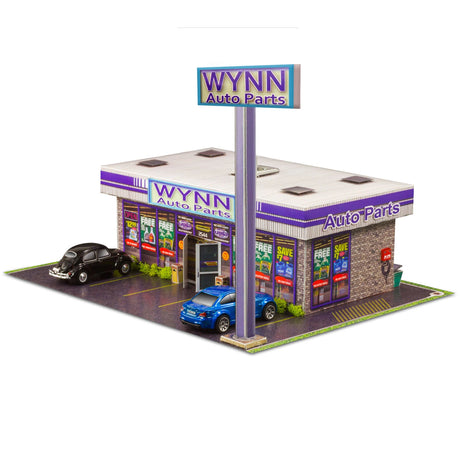 1/64 Wynn Auto Parts Store Kit Model Diorama Scenery Photo Real scale building kit for BK 6435, main view