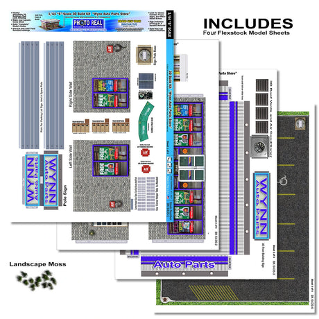 1/64 Wynn Auto Parts Store Kit Model Diorama Scenery Photo Real scale building kit for BK 6435, package view