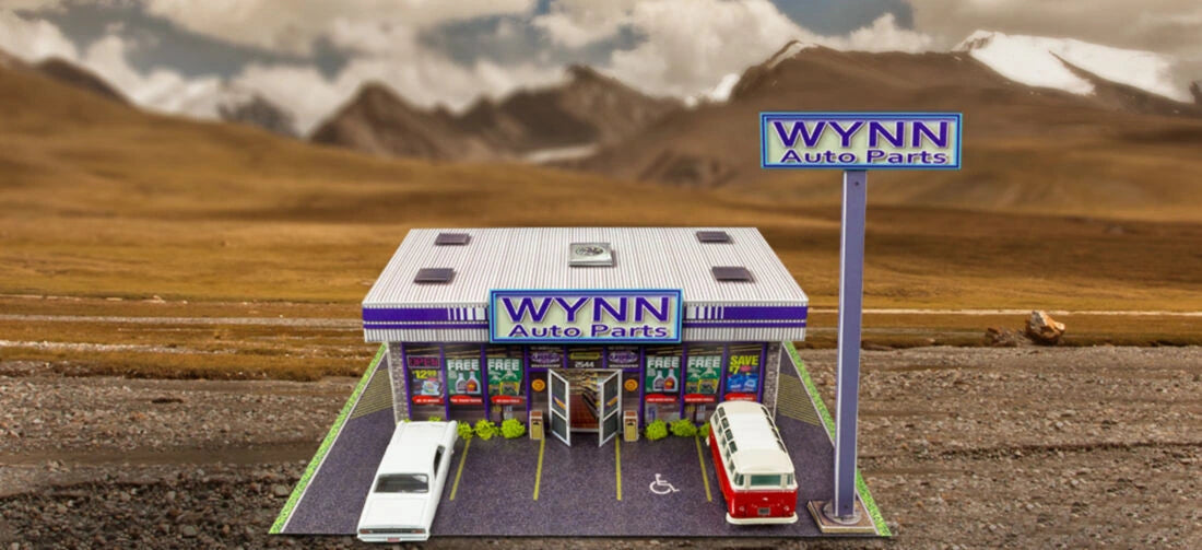 1/64 Wynn Auto Parts Store Kit Model Diorama Scenery Photo Real scale building kit for BK 6435, front view
