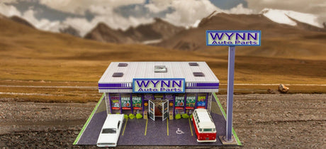 1/64 Wynn Auto Parts Store Kit Model Diorama Scenery Photo Real scale building kit for BK 6435, front view