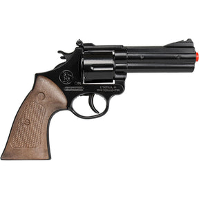 Black replica pistol with brown grip, resembling a detective's sidearm for Gonher 127/6