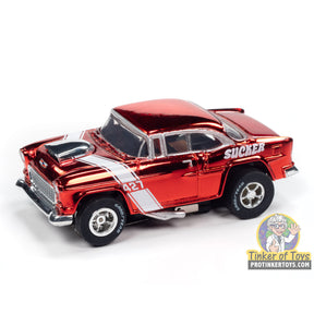 Red slot car of a 1955 Chevrolet Bel Air for Auto World SC412