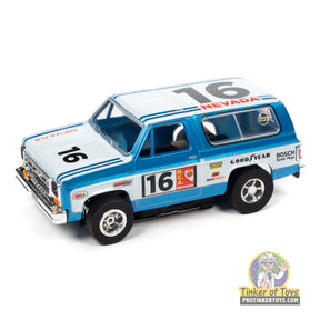 Blue and white 1977 Chevrolet Blazer toy car with "Nevada" markings for Auto World SC393
