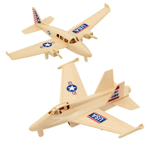 Two tan model airplanes, one propeller and one jet, with US markings for Tim Mee Toys 06352