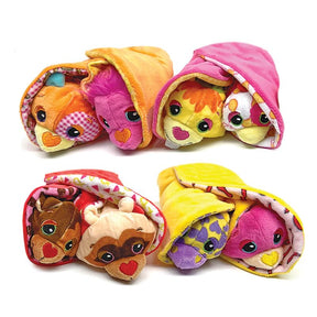 Assortment of stuffed animal pouches with cute, smiling faces for Schylling