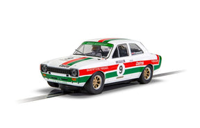 White Ford Escort race car model with green and red racing livery for Scalextric C4314
