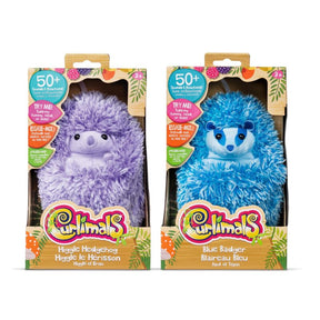 Purple hedgehog and blue badger plush toys in their original packaging for Schylling 25040, package view, product view 1