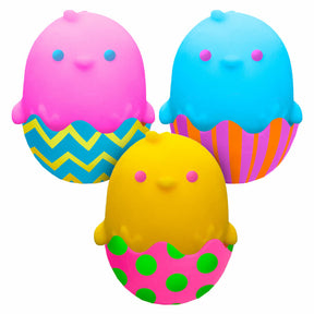 Three colorful, chick-shaped bath toys with patterned bases for Schylling CDDND24