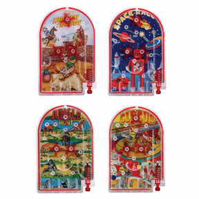 Four classic mini pinball game backglasses: Ride of the Boy, Space Race, Jungle Hunt, and Circus for Schylling MPA