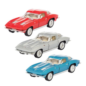 Three diecast models of a 1963 Corvette Stingray in red, silver, and blue for Schylling DCCSR