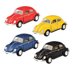 Red, yellow, blue, and black diecast VW Beetle toy cars for Schylling DCV5