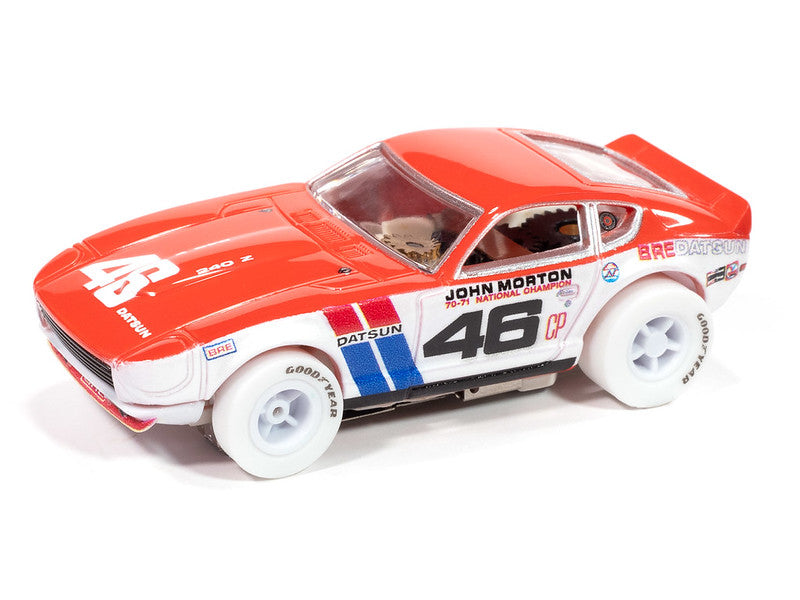 Red Datsun 240Z slot car with "46" racing number for Auto World SC420