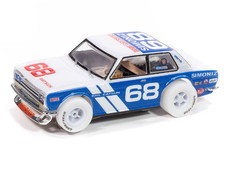 White and blue 1972 BRE Datsun 510 model car with number 68 for Auto World SC420