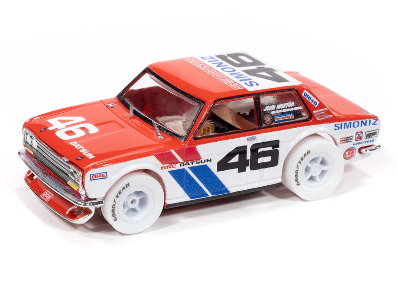 Red and white slot car of a 1972 BRE Datsun 510 race car for Auto World SC420