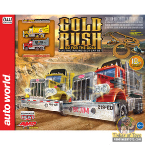 Slot car set featuring mining trucks and machinery for a gold rush race for Auto World SRS357