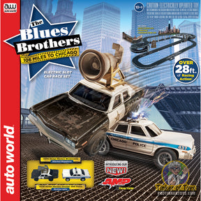 Blues Brothers slot car set featuring two police cars and a megaphone prop for Auto World SRS359