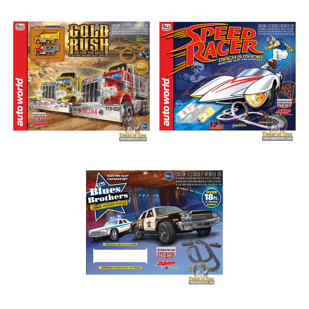 Super Big Deal: Gold Rush, Mach 5 & Blues Brothers HO 3-Set Bundle — Auto World bundle collage