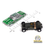 Green and silver slot car with a black engine base for Auto World SC423