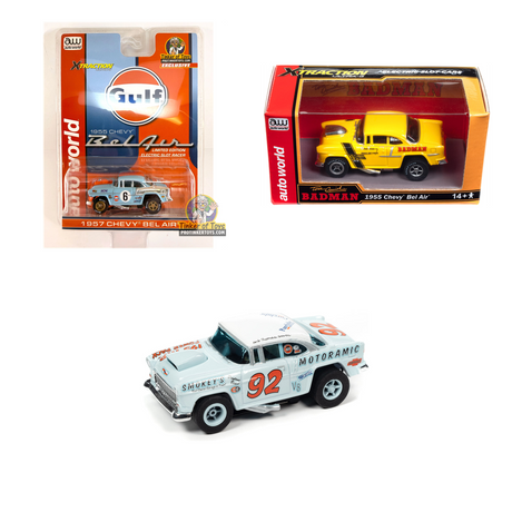 Bryan Young’s Top Three 1955 Chevy Bel Air HO Slot Car 3-Car Bundle — Auto World bundle collage