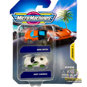 Two die-cast cars, Quetzal and Canebreak, displayed in blister packaging for MicroMachines MMW0273