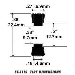 Tire dimensions diagram for small wheel cars, showing width and height measurements for Jel Claw ST 1115