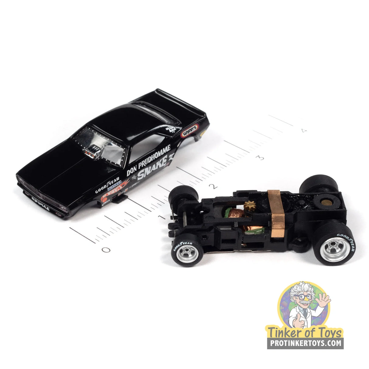 4Gear 1973 Plymouth Cuda Funny Car Don “The Snake” Prudhomme (Black) 1 | SC376 | Auto World — chassis and scale view
