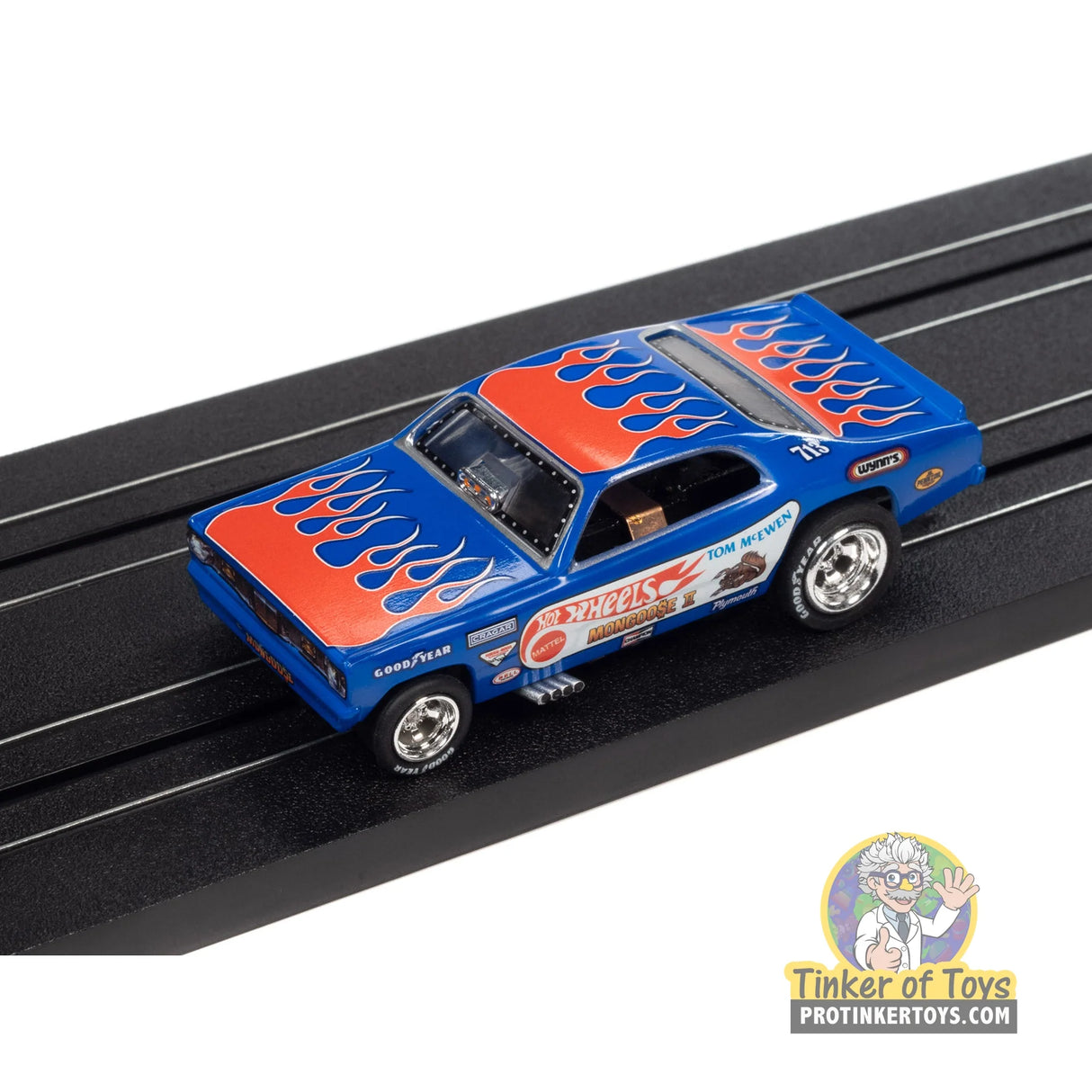 4Gear 1972 Plymouth Duster Funny Car Tom “The Mongoose” McEwen (Blue with Flames) 2 | SC376 | Auto World — on-track view